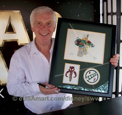 Jeremy Bulloch the Star Wars actor who played Buba Fett holding the Star Wars Weekends 2010 1st Official Colored Sketch titled "Donald as Boba Fett" by Jason Zucker at the SWW event in Hollywood Studios